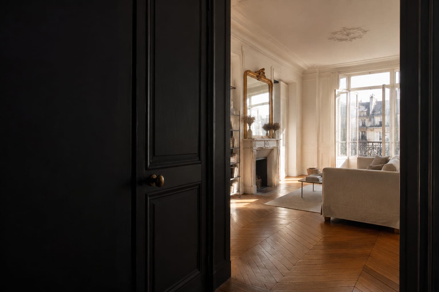 Appartement haussmannien vu depuis une porte entrouverte : parquet en point de Hongrie, cheminée en marbre et fenêtres ouvertes sur les toits